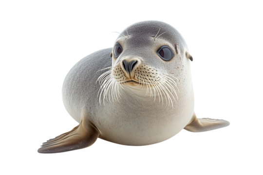 Seal with a plump, streamlined body covered in short, smooth gray fur.  PNG transparent.