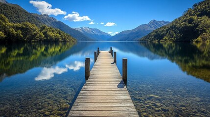 Wooden dock, serene lake, mountain reflection, travel poster