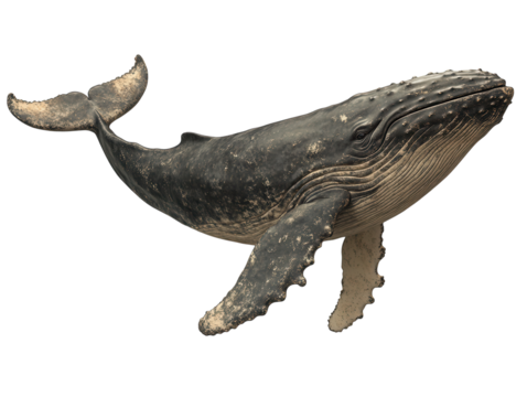 Humpback whale with massive flippers and a gracefully curved body PNG transparent.