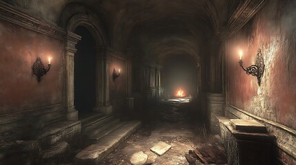 Fototapeta premium Dark Hallway With Candlelight And Distant Fire