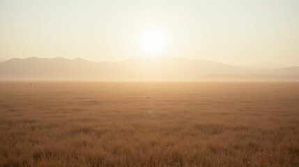 Fototapeta premium Serene Sunrise Over Golden Field with Misty Mountains in Distance