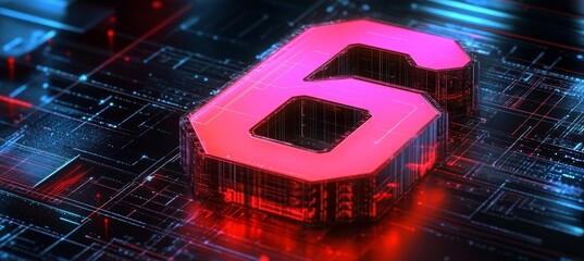 3D Number 6 Glowing on Circuit Board with Futuristic Cyberpunk Style and Red and Blue Lighting