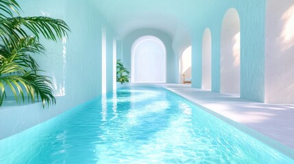 Serene indoor pool with turquoise water, surrounded by light blue archways and tropical plants. Soft sunlight illuminates the space, creating a tranquil atmosphere.