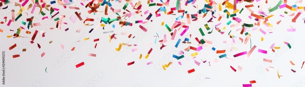 Poster a colorful array of confetti scattered across a white surface, adding a festive touch to any celebra