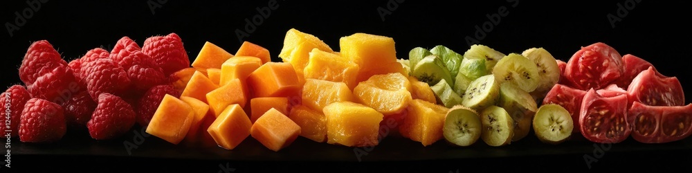 Poster a variety of fruits sliced and arranged on a table