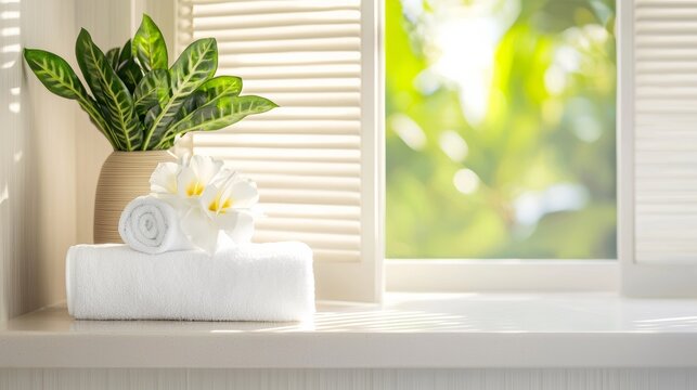 Soft white towels and delicate white flowers with green plant on a windowsill, bathed in sunlight from a blurred green background.