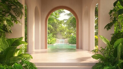 Fototapeta premium Tranquil oasis A sunlit arched entryway of a beige stone gazebo opens to lush greenery and a cascading water feature. Peaceful and serene.