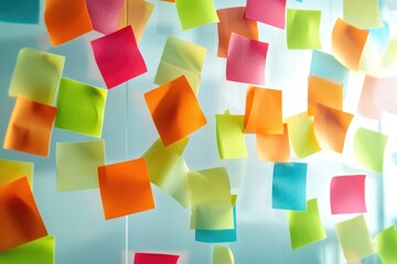 Colorful sticky notes hang from the ceiling, ideal for office or home use
