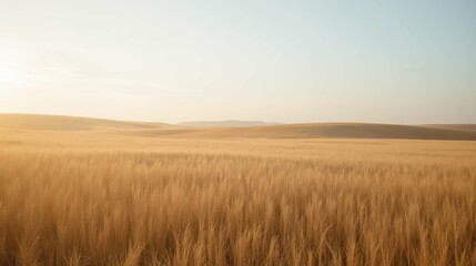 Obraz premium Golden Wheat Field under Clear Sky at Sunset in Rural Landscape