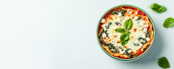 A dish of lasagna with ricotta and spinach, vegetarian delight, oil painting style, layered green and white, isolated on white background