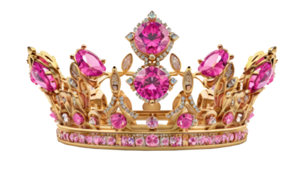 golden crown with pink diamonds isolated on transparent background, png file
