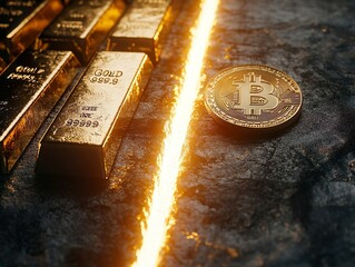 Close-up of gold bars and a physical Bitcoin, juxtaposing traditional and digital forms of wealth, highlighting the contrast and potential transition in value storage.