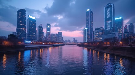 Fototapeta premium Urban Skyline at Dusk with River Reflections and Modern Buildings