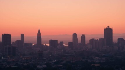 Fototapeta premium Beautiful Urban Skyline at Sunset with Silhouetted Buildings