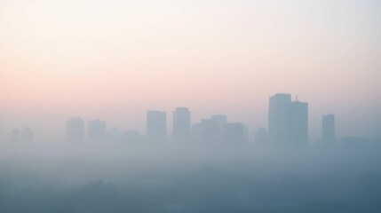 Obraz premium Urban Skyline Silhouette in Foggy Dusk Light with Soft Colors