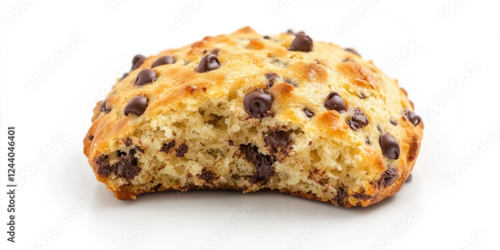 Poster a partially consumed chocolate chip cookie on a white surface