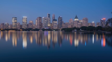 Naklejka premium City Skyline Reflected in Water During Twilight in Urban Landscape