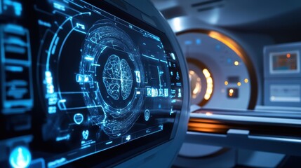 A closeup of an MRI scanner with a glowing interface panel featuring icons representing AI functions such as image enhancement and predictive modeling. The scanners sleek design contrasts