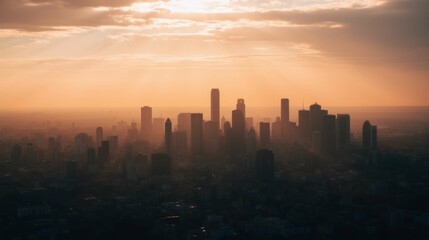 Fototapeta premium Serene Sunset Over City Skyline with Soft Golden Light Glow
