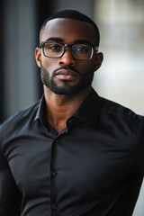 Obraz premium A person wearing glasses and a black shirt, suitable for portrait or profile use