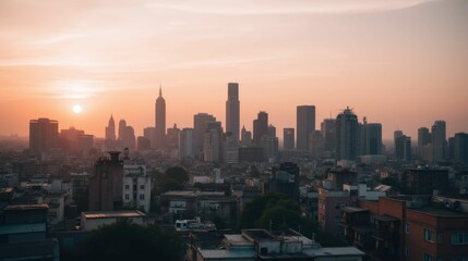 Fototapeta premium Urban Cityscape at Sunset with Skyscrapers and Soft Light