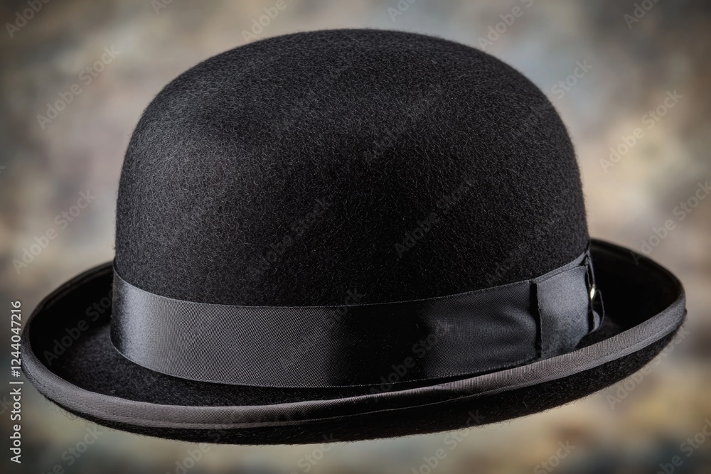 Poster a close-up of a black hat with a black ribbon wrapped around it, suitable for use in vintage or hist