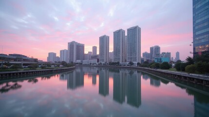 Fototapeta premium Serene Cityscape Reflected in Calm Water Under Colorful Sky