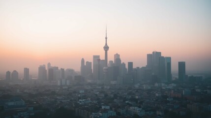 Fototapeta premium Sunrise over a city skyline featuring modern architecture and towers