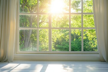 Shining window overlooking a lush green garden during bright daylight hours. Generative AI