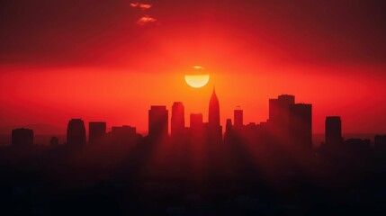 Fototapeta premium Vibrant Sunset Over City Skyline Silhouettes at Dusk
