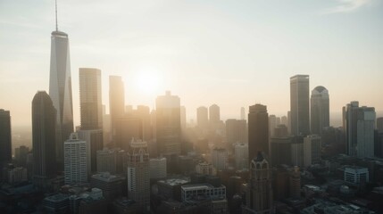 Obraz premium Sunset Over Urban Skyline with Modern Skyscrapers and City View