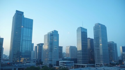 Fototapeta premium Modern Urban Skyline at Dusk with Glass and Steel Architecture