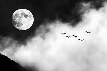 Night sky, bats flying, full moon, clouds, mountain