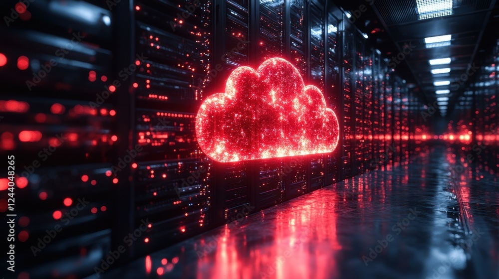 Poster a digital cloud representation amidst server racks in a data center.