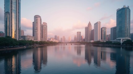 Fototapeta premium Serene Urban Landscape with Modern Skyscrapers Reflecting Water
