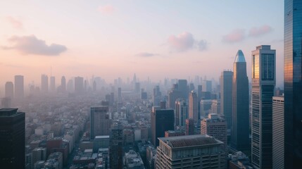 Fototapeta premium Scenic Urban Skyline at Dawn with Soft Colors and Foggy Atmosphere