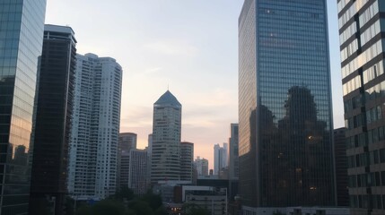 Obraz premium Urban Cityscape at Dusk with Reflective Glass Buildings