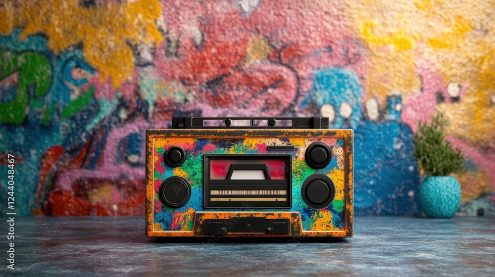 Poster colorful cassette player on a wooden table with vibrant design and retro style elements
