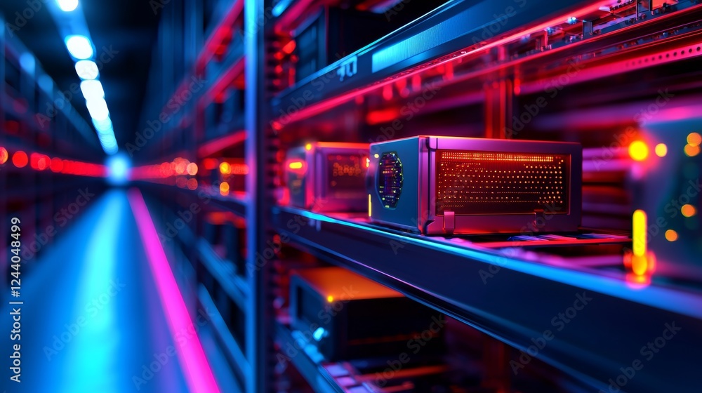 Poster neon lit server room interior with rows of data processing units, glowing with red and blue light. c