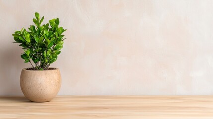 Small potted plant on wooden table, beige wall background. Ideal for home decor websites