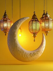 Ornate Crescent Moon with Hanging Lanterns Festive Ramadan Background