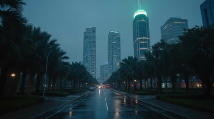 Obraz premium Urban Nightscape with Rain, Palms, and Skyscrapers in Houston