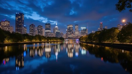 Nighttime Cityscape Reflections Over Calm Water in Urban Setting