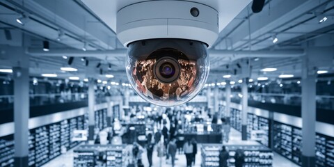 Security camera monitors bustling retail environment with shoppers during peak shopping hours