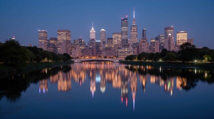 Fototapeta premium Serene Cityscape Reflections at Dusk Over Water in Urban Environment
