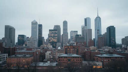 Obraz premium Urban Skyline of a Modern City Under Overcast Sky at Dusk