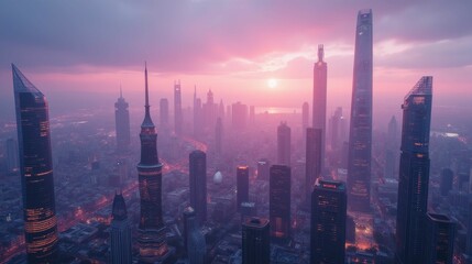 Fototapeta premium Captivating Cityscape at Dusk with Skyscrapers and Vibrant Skyline