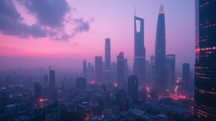 Fototapeta premium Scenic Sunset Over Urban Skyline With Skyscrapers and City Lights