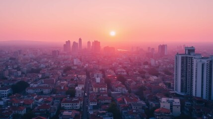 Fototapeta premium Breathtaking Sunset Over Urban Landscape with Tall Buildings