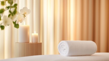 Soft white towel, lit candles, and white flowers on a wooden surface. Warm, calming spa setting.
